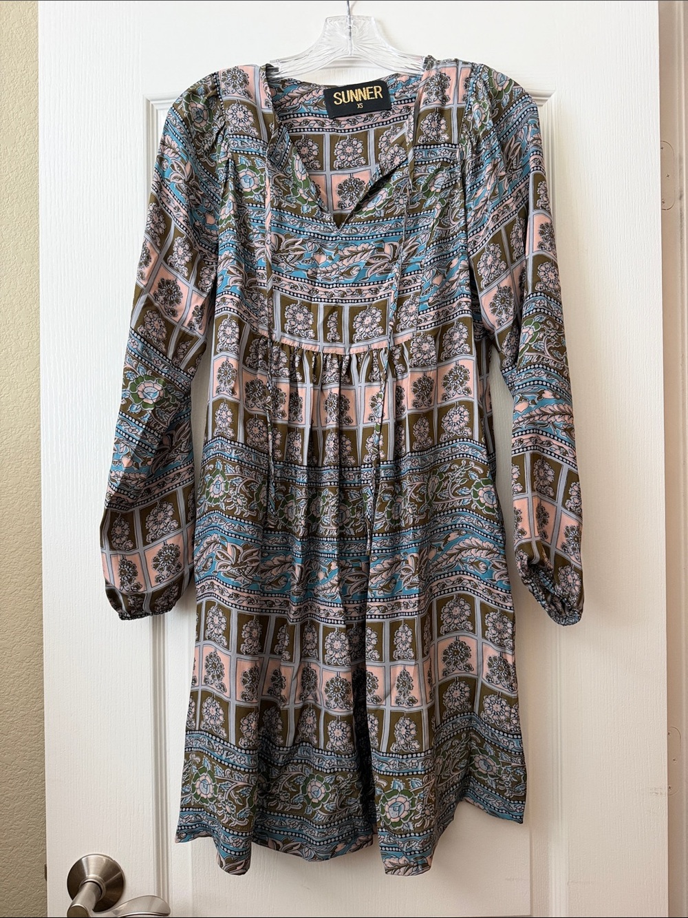 Anthropologie Green, Teal & Pink Paisley-Print Long Sleeve Dress